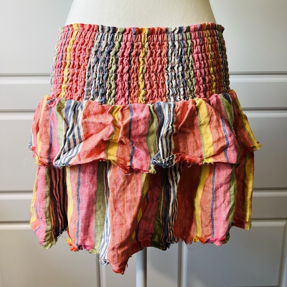 Sundays Ruffle Mini Skirt Smocked‎ Waist Tiered Colorful Striped Festival XS